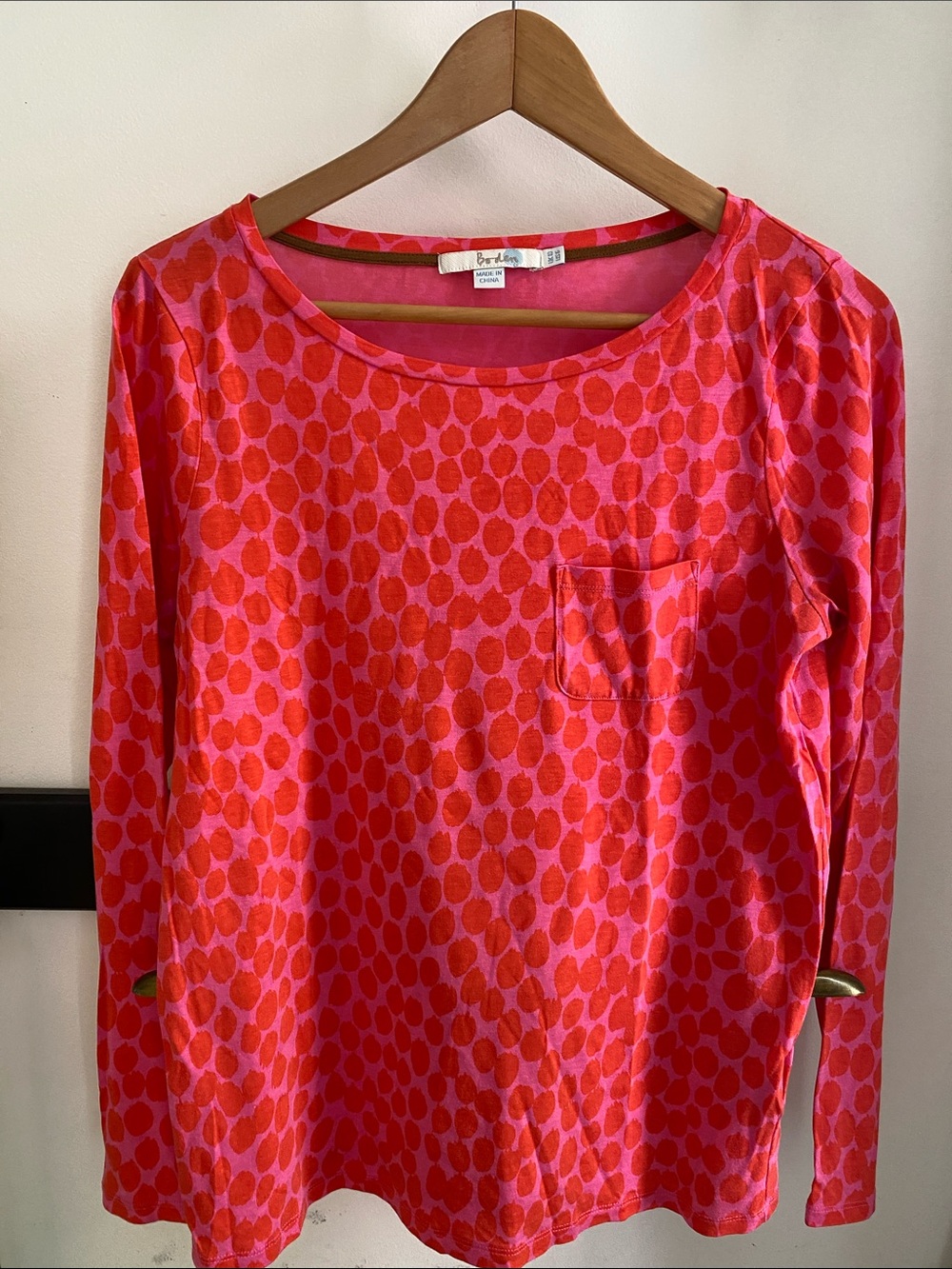 Boden Hot Pink and Red Dot Long-Sleeve Pocket Tee